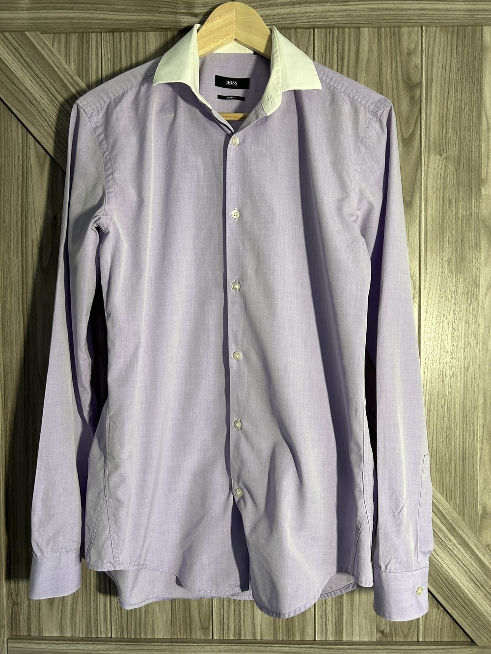 BOSS Hugo Boss Mens Iben Slim Fit Contrast Collar Dress Shirt Lavender 14.5